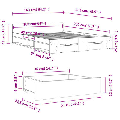 vidaXL Bettgestell mit Schubladen Grau Sonoma 160x200 cm Holzwerkstoff