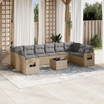 vidaXL 11-tlg. Garten-Sofagarnitur mit Kissen Beige Poly Rattan