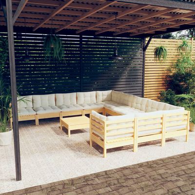 vidaXL 12-tlg. Garten-Lounge-Set mit Creme Kissen Kiefernholz