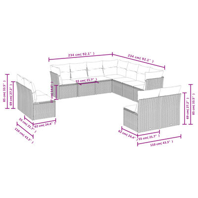 vidaXL 11-tlg. Garten-Sofagarnitur mit Kissen Grau Poly Rattan