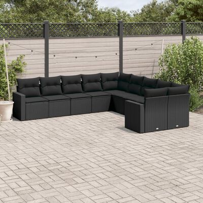 vidaXL 10-tlg. Garten-Sofagarnitur mit Kissen Schwarz Poly Rattan