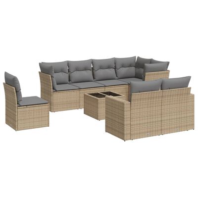 vidaXL 9-tlg. Garten-Sofagarnitur mit Kissen Beige Poly Rattan