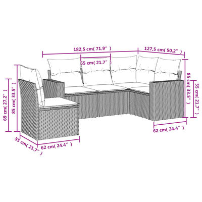 vidaXL 5-tlg. Garten-Sofagarnitur mit Kissen Braun Poly Rattan