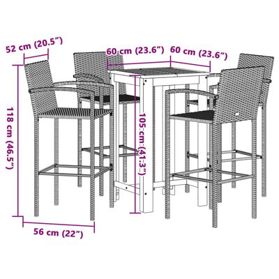 vidaXL 5-tlg. Gartenbar-Set Schwarz Massivholz Akazie und Poly Rattan