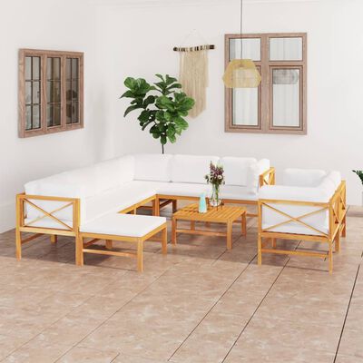 vidaXL 10-tlg. Garten-Lounge-Set mit Creme Kissen Massivholz Teak