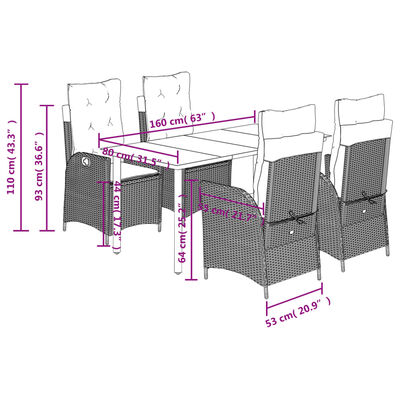 vidaXL 5-tlg. Garten-Essgruppe mit Kissen Hellgrau Poly Rattan