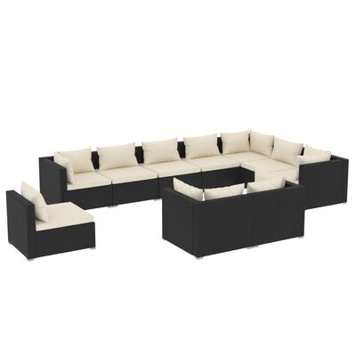 vidaXL 10-tlg. Garten-Lounge-Set mit Kissen Poly Rattan Schwarz