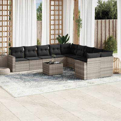 vidaXL 11-tlg. Garten-Sofagarnitur mit Kissen Hellgrau Poly Rattan