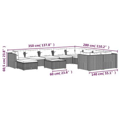 vidaXL 11-tlg. Garten-Lounge-Set mit Kissen Poly Rattan Braun