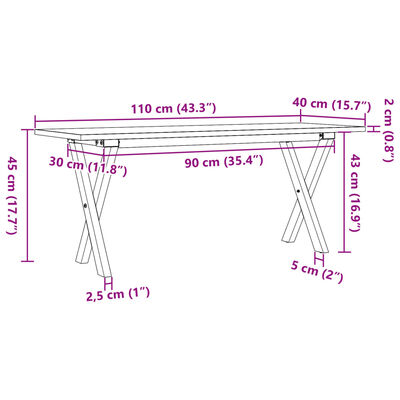 vidaXL Couchtisch X-Gestell 110x40x45 cm Massivholz Kiefer & Gusseisen