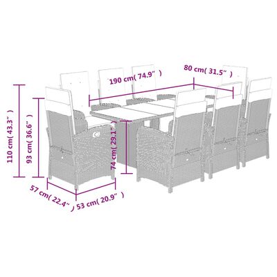 vidaXL 9-tlg. Garten-Essgruppe mit Kissen Grau Poly Rattan