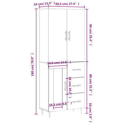 vidaXL Highboard Grau Sonoma 69,5x34x180 cm Holzwerkstoff