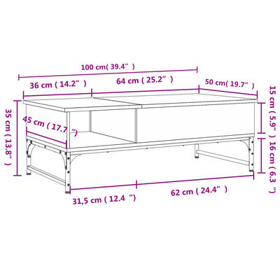 vidaXL Couchtisch Braun Eichen-Optik 100x50x35 cm Holzwerkstoff Metall