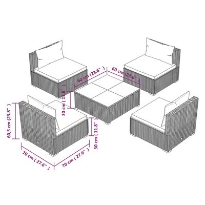 vidaXL 5-tlg. Garten-Lounge-Set mit Kissen Poly Rattan Grau