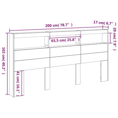 vidaXL LED-Kopfteil mit Ablagen Grau Sonoma 200x17x102 cm