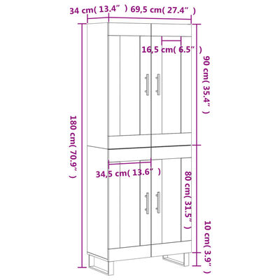 vidaXL Highboard Schwarz 69,5x34x180 cm Holzwerkstoff