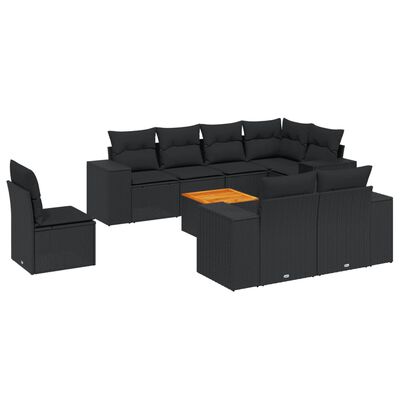 vidaXL 9-tlg. Garten-Sofagarnitur mit Kissen Schwarz Poly Rattan