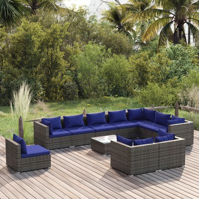 vidaXL 11-tlg. Garten-Lounge-Set mit Kissen Poly Rattan Grau