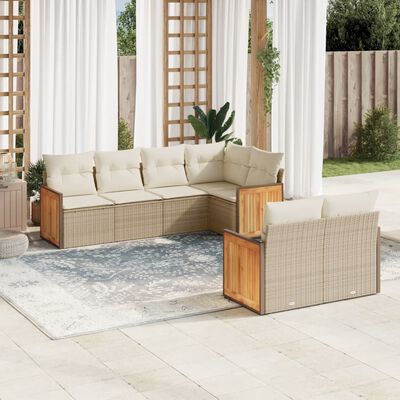 vidaXL 7-tlg. Garten-Sofagarnitur mit Kissen Beige Poly Rattan