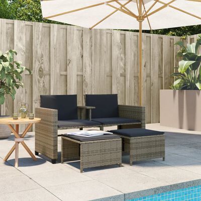 vidaXL Gartensofa 2-Sitzer mit Tisch und Hockern Grau Poly Rattan