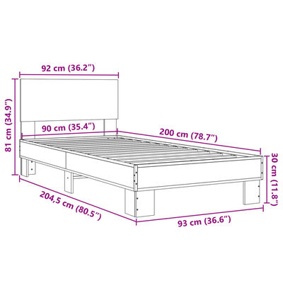 vidaXL Bettgestell Sonoma-Eiche 90x200 cm Holzwerkstoff und Metall