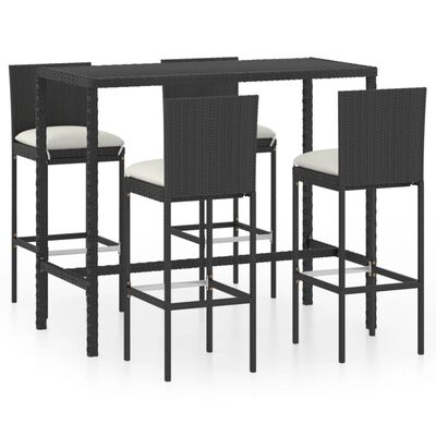 vidaXL 5-tlg. Gartenbar-Set mit Kissen Poly Rattan Schwarz