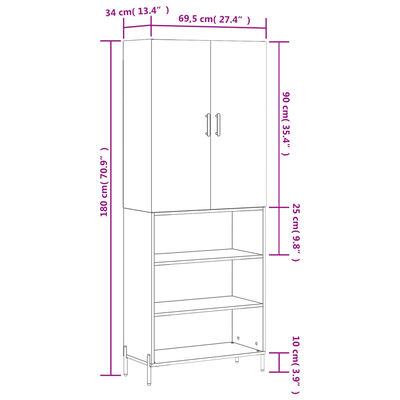 vidaXL Highboard Weiß 69,5x34x180 cm Holzwerkstoff