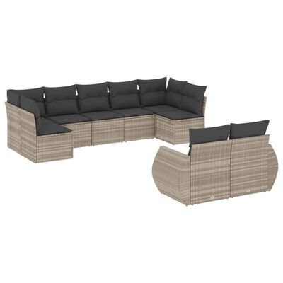 vidaXL 9-tlg. Garten-Sofagarnitur mit Kissen Hellgrau Poly Rattan