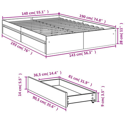 vidaXL Bettgestell mit Schubladen Grau Sonoma 140x190 cm Holzwerkstoff