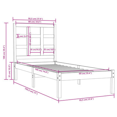 vidaXL Massivholzbett Schwarz 90x190 cm