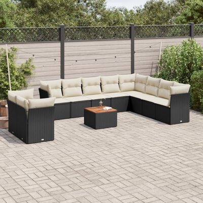 vidaXL 11-tlg. Garten-Sofagarnitur mit Kissen Schwarz Poly Rattan