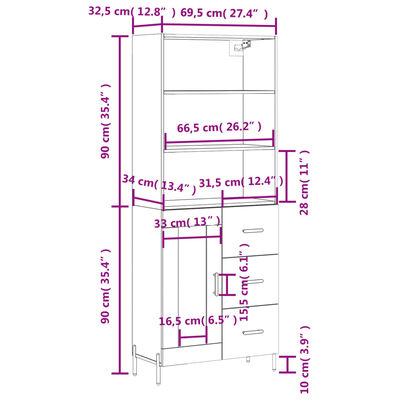 vidaXL Highboard Weiß 69,5x34x180 cm Holzwerkstoff