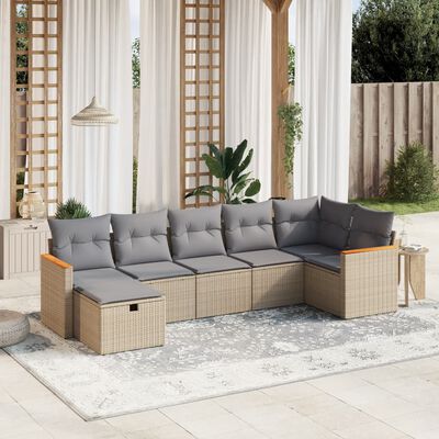 vidaXL 7-tlg. Garten-Sofagarnitur mit Kissen Beige Poly Rattan