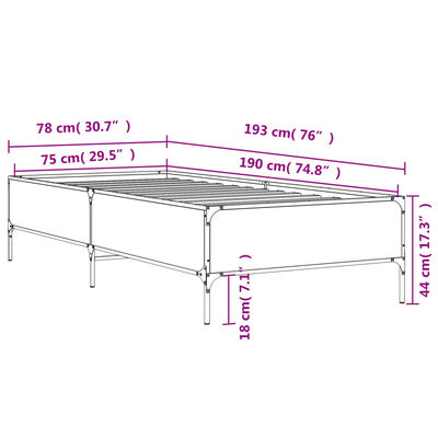 vidaXL Bettgestell Braun Eichen-Optik 75x190 cm Holzwerkstoff Metall