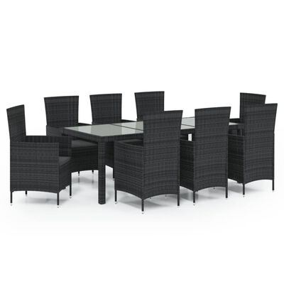 vidaXL 9-tlg. Garten-Essgruppe mit Kissen Poly Rattan Schwarz