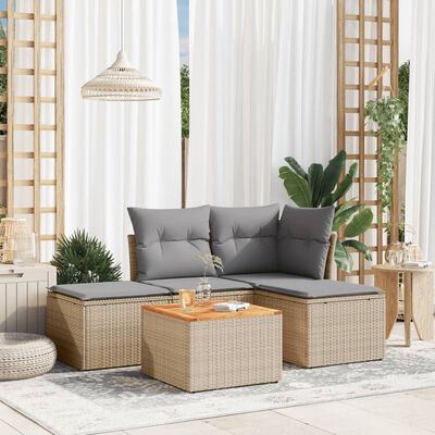 vidaXL 5-tlg. Garten-Sofagarnitur mit Kissen Beige Poly Rattan