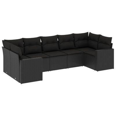 vidaXL 7-tlg. Garten-Sofagarnitur mit Kissen Schwarz Poly Rattan