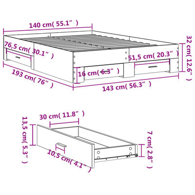 vidaXL Bettgestell mit Schubladen Braun Eichen-Optik 140x190 cm