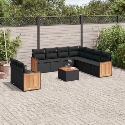 vidaXL 10-tlg. Garten-Sofagarnitur mit Kissen Schwarz Poly Rattan