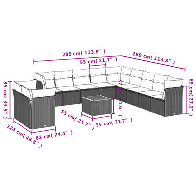 vidaXL 12-tlg. Garten-Sofagarnitur mit Kissen Beige Poly Rattan