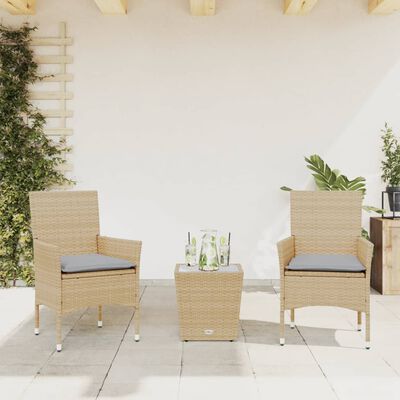 vidaXL 3-tlg. Bistro-Set mit Kissen Beige Poly Rattan und Glas