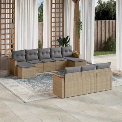 vidaXL 10-tlg. Garten-Sofagarnitur mit Kissen Beige Poly Rattan