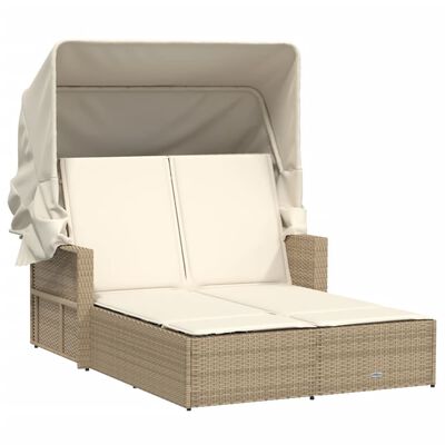 vidaXL Doppel-Sonnenliege mit Dach und Auflagen Beige Poly Rattan