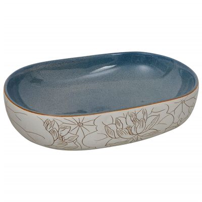 vidaXL Aufsatzwaschbecken Sandfarben Blau Oval 59x40x14 cm Keramik