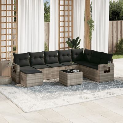 vidaXL 9-tlg. Garten-Sofagarnitur mit Kissen Hellgrau Poly Rattan