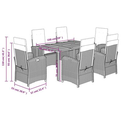 vidaXL 7-tlg. Garten-Essgruppe mit Kissen Grau Poly Rattan