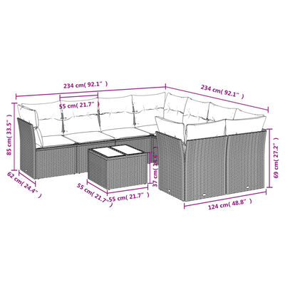 vidaXL 9-tlg. Garten-Sofagarnitur mit Kissen Hellgrau Poly Rattan