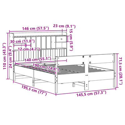 vidaXL Massivholzbett mit Regal ohne Matratze Wachsbraun 140x190 cm