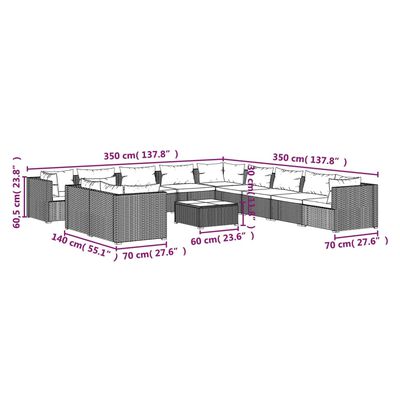 vidaXL 12-tlg. Garten-Lounge-Set mit Kissen Braun Poly Rattan