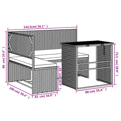 vidaXL Gartensofa in L-Form mit Tisch und Kissen Schwarz Poly Rattan